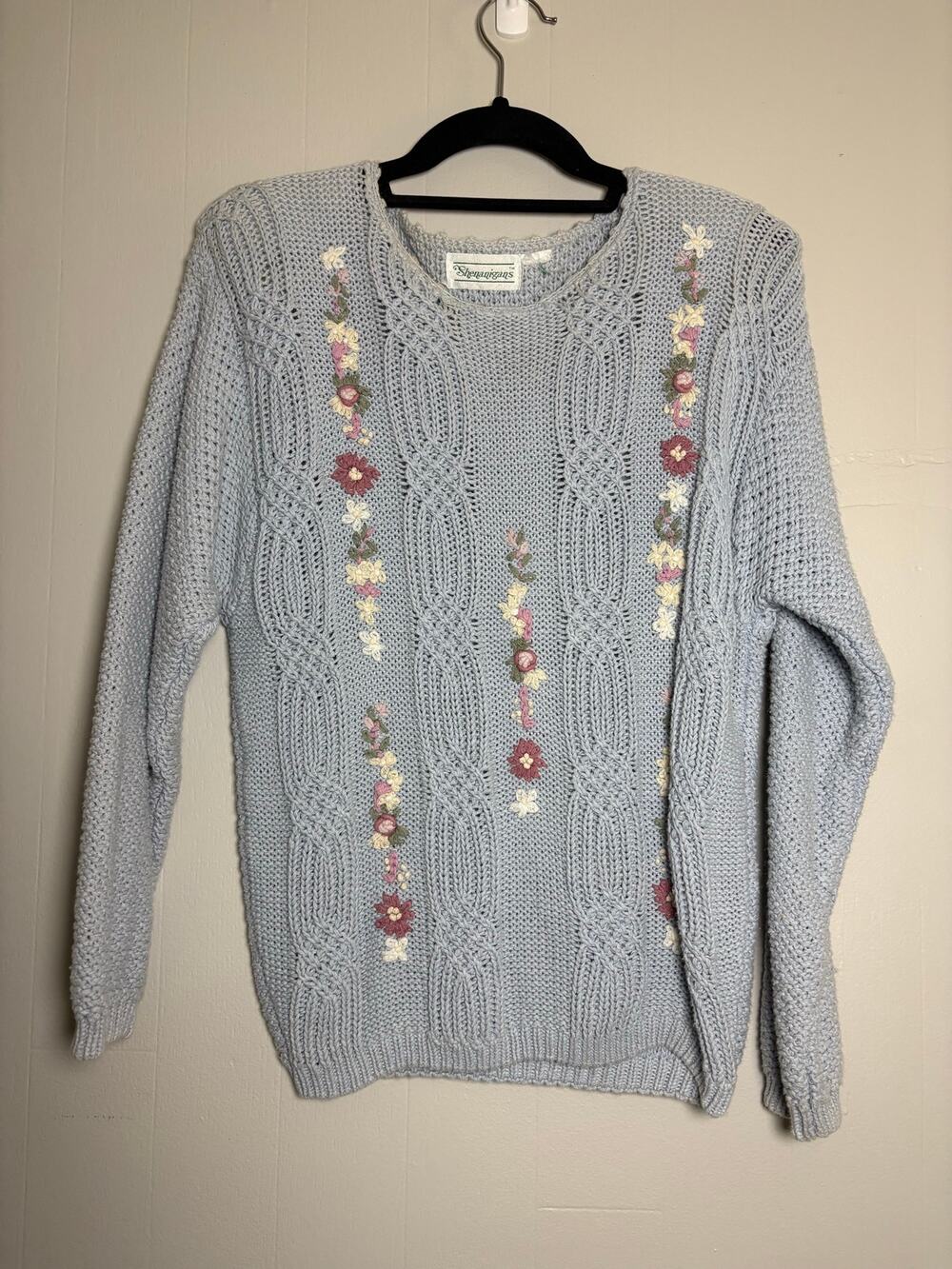 Shenanigans Women's Vintage Pullover Floral Embroidery Cable Knit Sweater